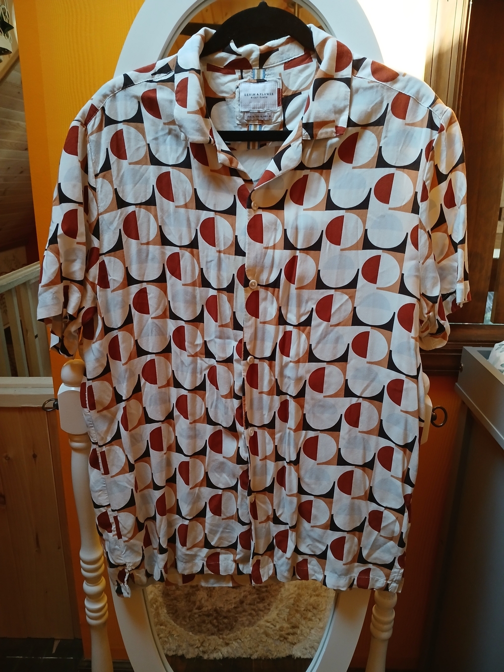 Denim & Flower Ricky Singh Short-Sleeve Shirt - White with Rust & Black